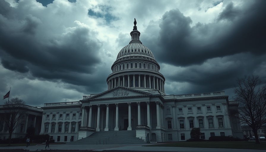Dramatic Capitol Building under stormy skies, reflecting tension.