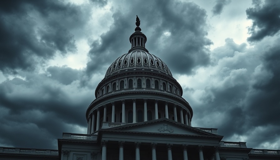 Dramatic Capitol building under storm clouds symbolizing government shutdown.