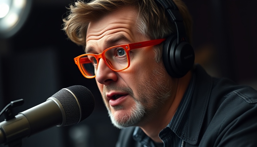 Man with orange glasses speaking in a podcast studio.