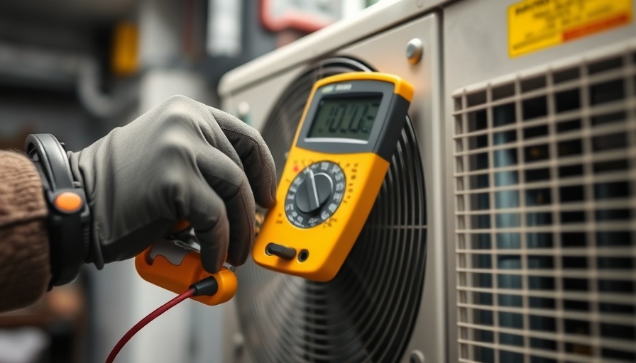 Technician troubleshooting HVAC system with multimeter indoors.