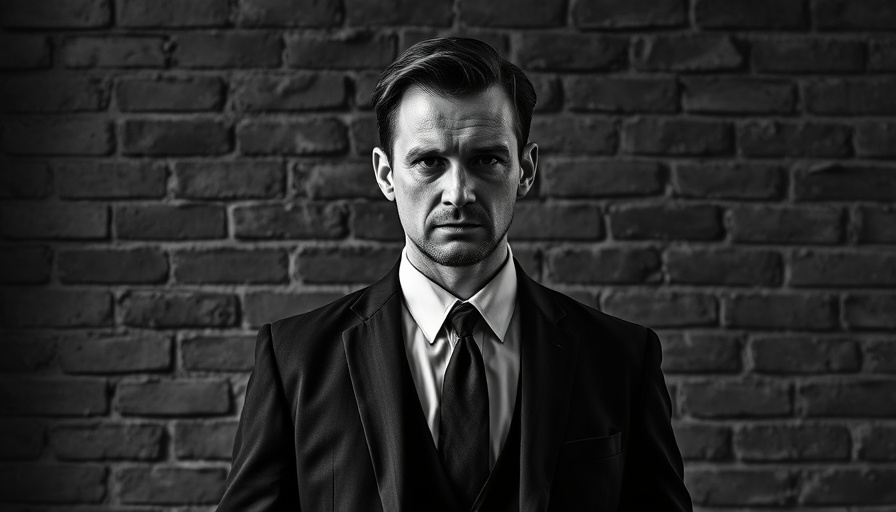 Monochrome image of a serious man in formal wear, standing confidently.