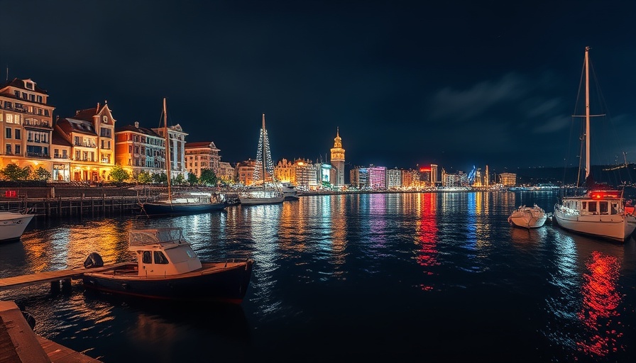 Vibrant Cabo nightlife with waterfront transportation view.