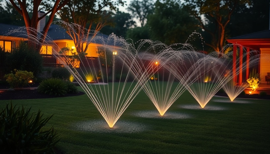 Smart sprinkler systems in a lit garden at dusk, spraying water.
