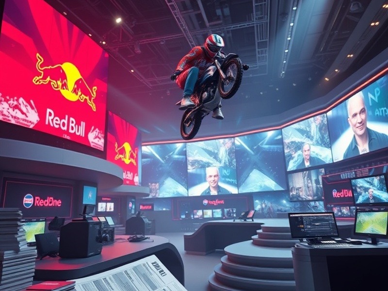 Dynamic scene of a beverage company evolving into a media empire, featuring an athlete mid-air.