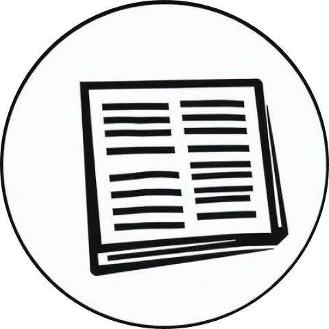 Black journalism icon in a circle on a white background, representing a newspaper.