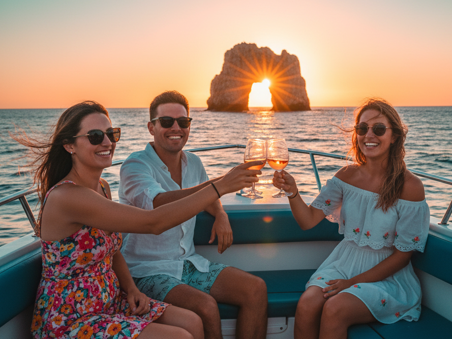 Sunset cruises Cabo FAQs: Beautiful couples and friends enjoying a luxury catamaran cruise at sunset near Cabo’s Arch