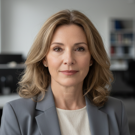 Professional editorial portrait of a credible female journalist with light skin and shoulder-length hair.