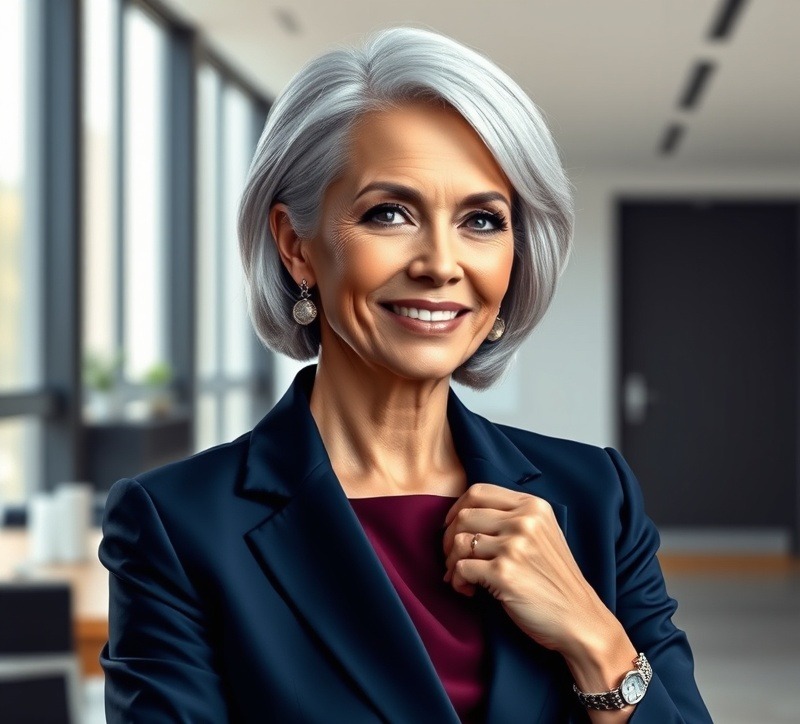 Photorealistic drawing of a confident and stylish 70-year-old woman with silver hair styled in a sleek modern bob. She is dressed in a tailored navy blue high-fashion business suit with subtle statement jewelry, exuding sophistication and authority. Her poised posture and confident smile radiate intelligence and elegance, set against the backdrop of a sleek, modern office with minimalist decor. The image conveys a powerful, contemporary message: 'This is not your grandmother's HR department'