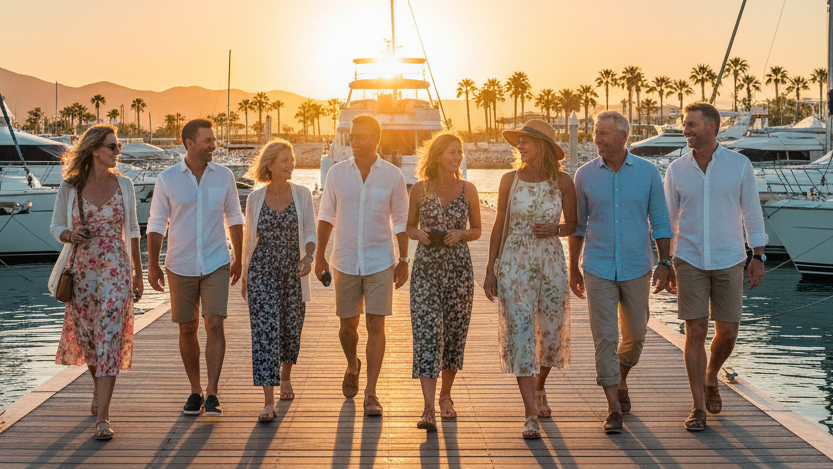Sunset cruises Cabo FAQs: Travelers preparing for a sunset cruise in Cabo with jackets and cameras on the dock