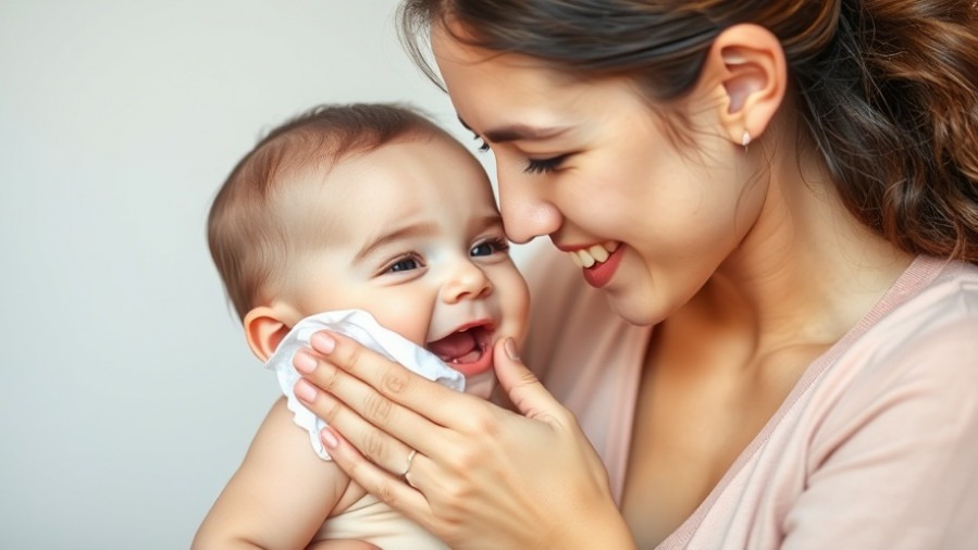 Mother gently wipes her giggling infant's face with a white water wipe.