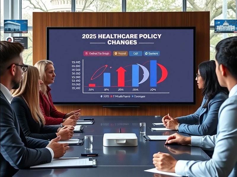 A diverse group of business executives in a boardroom discussing 2025 healthcare policy changes, with a large screen displaying healthcare and compliance trends influenced by post-election outcomes.