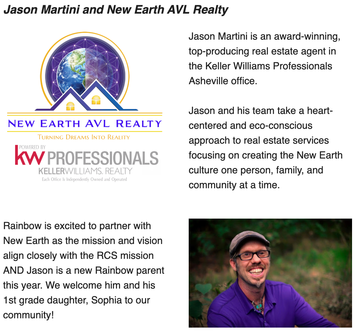 New Earth AVL Realty and Jason Martini is Acknowledged By Rainbow Community School As A Sponsor