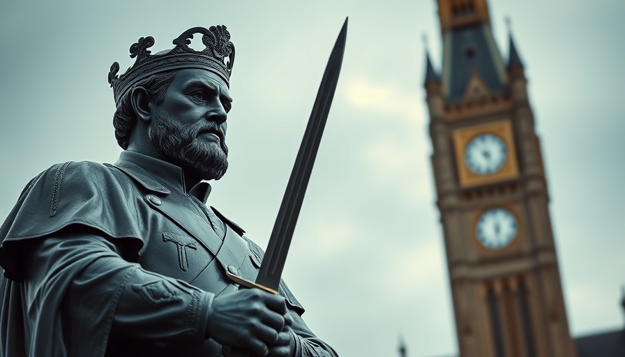 Dramatic statue holding sword near Canadian parliamentary tower.