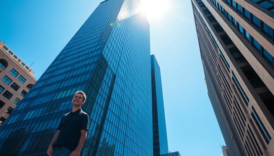 Kelowna tallest building with a man in the foreground.