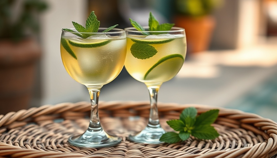 Cocktail glasses in a garden setting with fresh mint garnish.