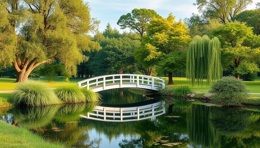 Lush park in Kelowna with a wooden bridge over a pond.