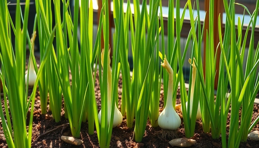 Thriving homegrown garlic plants in lush green garden.