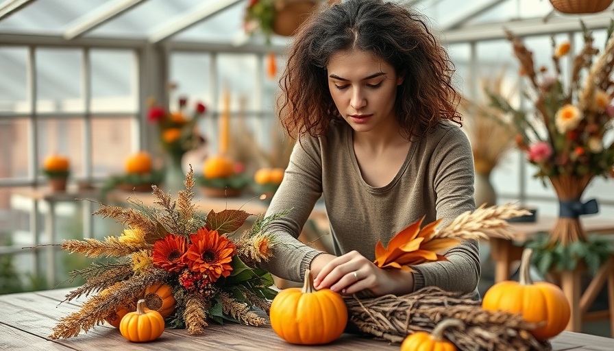 Decorating pumpkins tips with dried flowers in a greenhouse.