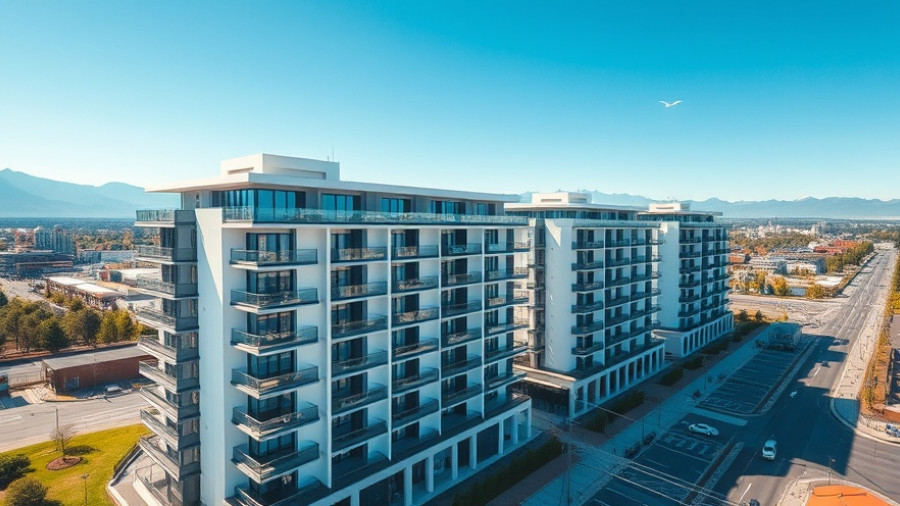 Modern apartment complex in Kelowna with mountains in background.