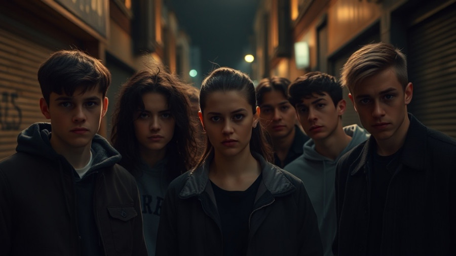 Group of teenagers looking anxious in a dimly lit street, Stranger Things atmosphere.