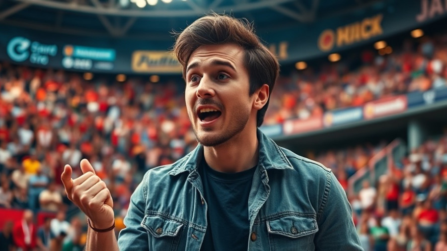 Expressive speaker in a vibrant stadium setting.