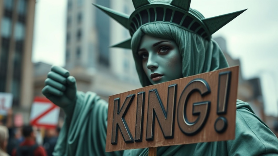 Protest sign reading 'NO KING!' held by Statue of Liberty figure at demonstration.