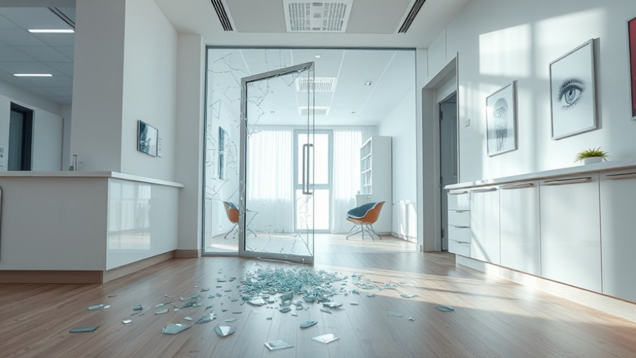 Kelowna Eye Clinic Theft: broken glass door interior.