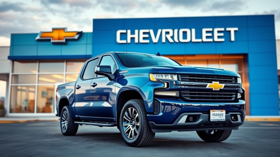 General Motors earnings report featuring Chevrolet dealership with pickup truck.