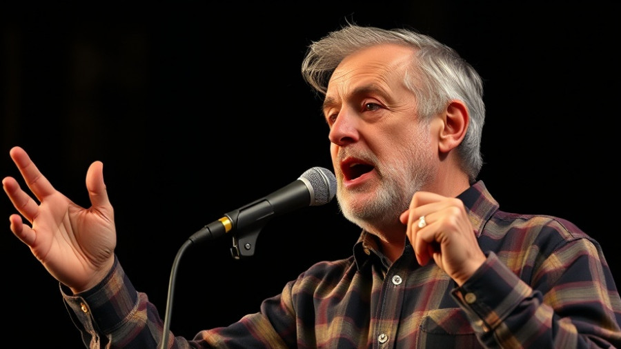 Man speaking energetically on stage in plaid shirt with microphone.