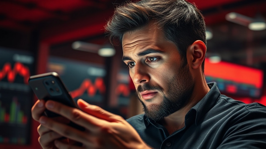 Man analyzing Bitcoin charts, contemplating strategy, red-black contrast, Bitcoin last chance S&P 500.