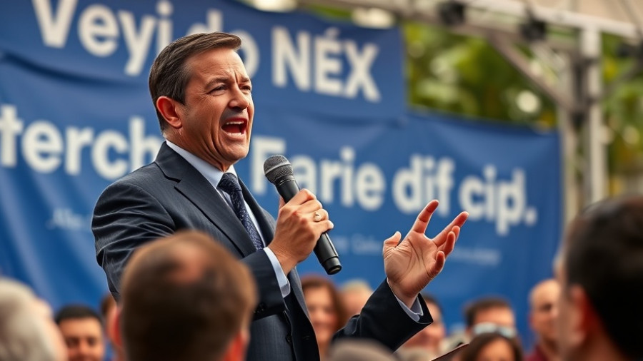 Man discussing on stage at an event with audience.