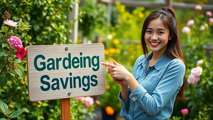 Gardening savings Okanagan - woman points to savings in lush garden.
