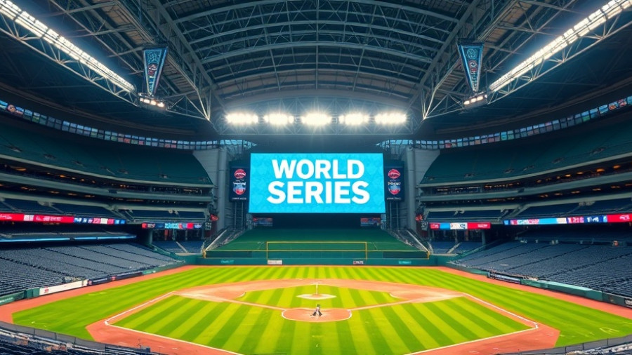 Toronto stadium displaying World Series logo, bright lights on field.