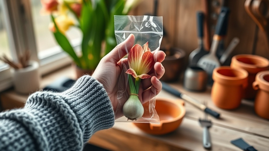 Hand holding amaryllis bulb package, rustic potting bench scene.
