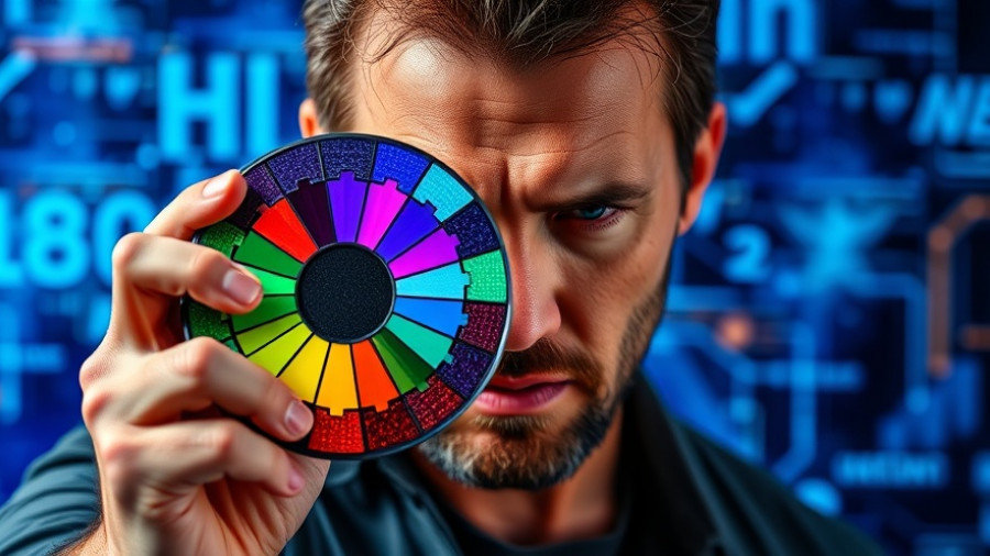 Man contemplating changes with colorful disk, futuristic backdrop.