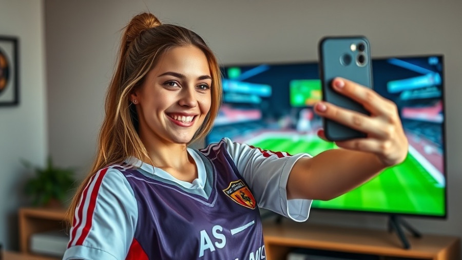 Woman in jersey taking selfie with TV broadcast background.