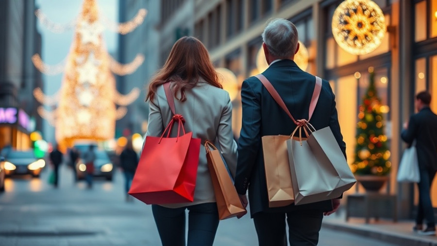 Holiday shopping trends with two people walking and carrying shopping bags.