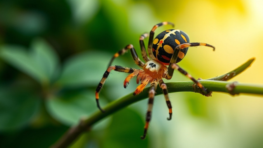 Vibrant Joro spider climbing on a branch amidst lush foliage.