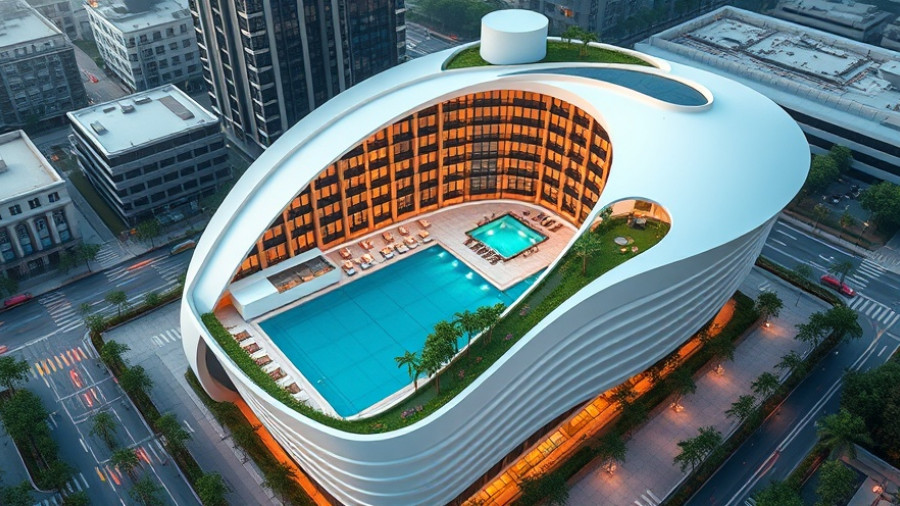 Modern Kelowna conference centre hotel with pool and rooftop garden.