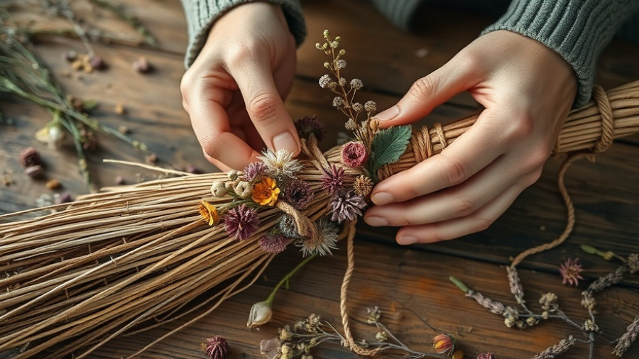 Witch broom with dried flowers, crafted on wooden table.