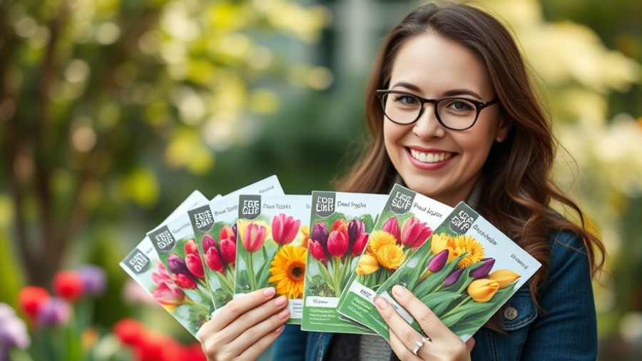 Woman promoting fall bulb planting with colorful packets, outdoor.