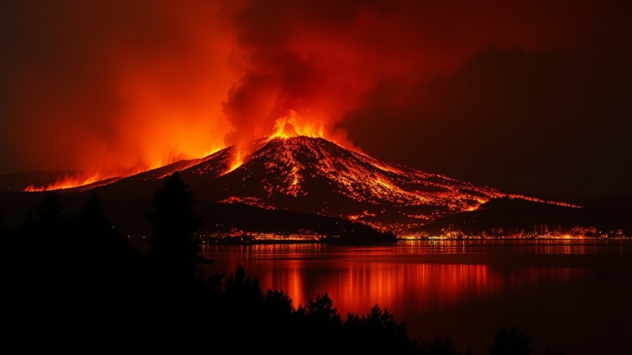 Kelowna wildfire creating fiery reflections on a calm lake