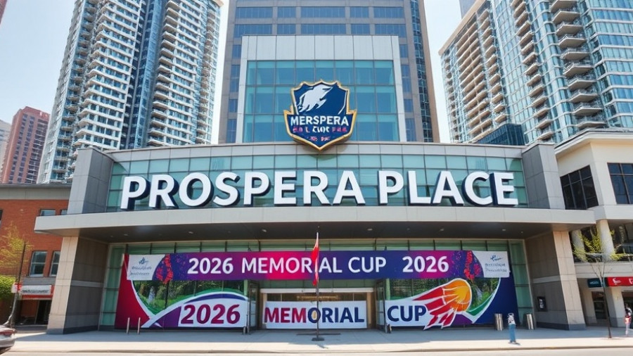 Exterior of Prospera Place building with 2026 Memorial Cup banner.