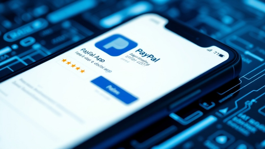 Smartphone showing PayPal app download page, futuristic theme.