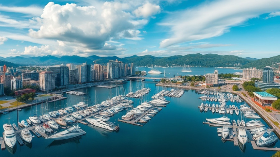 Aerial view of Kelowna marina with boats and city skyline.