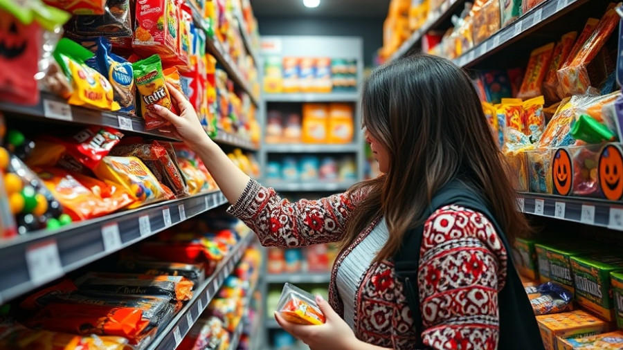 Woman browsing Halloween candy prices at store.