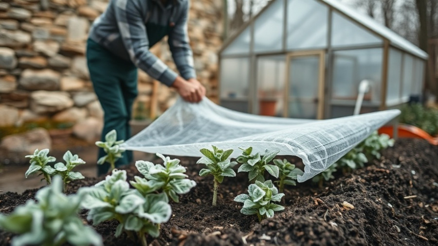 Gardener demonstrates frost protection tips by covering plants.