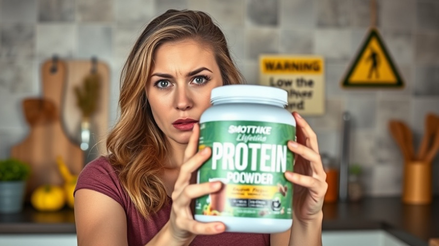 Worried woman with protein powder warning in kitchen, focusing on garden contaminants.