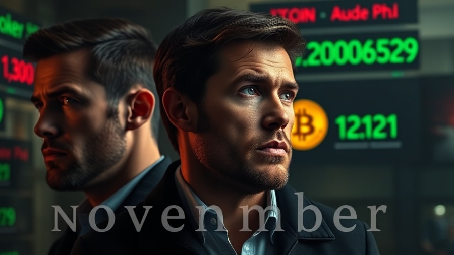 Bitcoin volatile month concept with man and fluctuating prices.