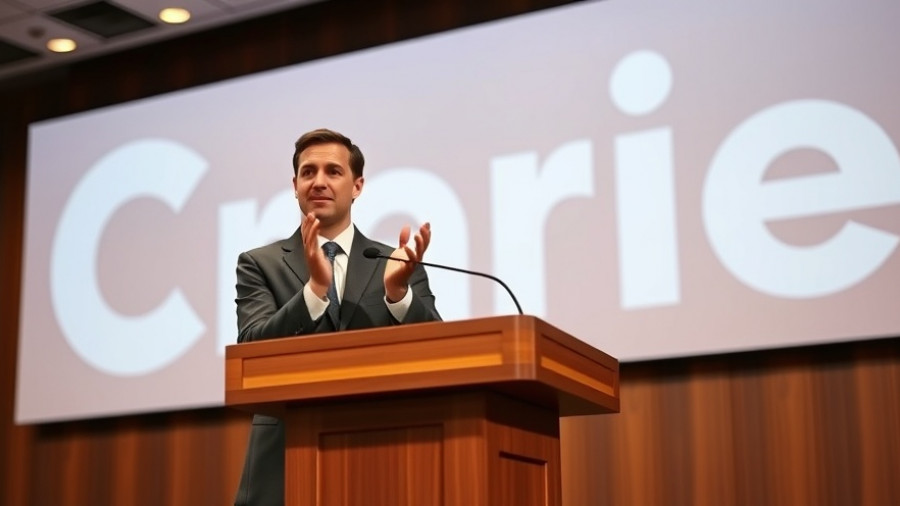 Executive applauding at a podium in front of corporate backdrop related to weight loss drug market.